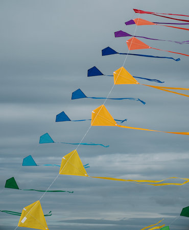 A vibrant array of kites soaring against a moody grey backdrop, symbolising freedom and joy. This image captures the essence of playful outdoor activities and the beauty of kite flyingの写真素材