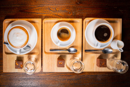 Top view of three sets of coffee cups placed on wooden trays with glasses of water, spoons and browniesの写真素材