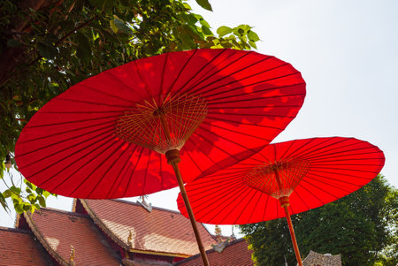 Underneath view of two large red umbrellas with slender polesの写真素材