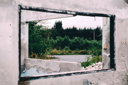 Ruined structure with textured peeling walls in muted colors and greenery from outsideの写真素材