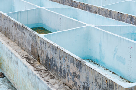 Several rectangular concrete basins arranged in a grid-like pattern with wear and aging surfaceの写真素材