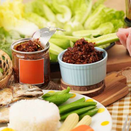A table is set with a variety of Thai dishes. In the center is a small blue bowl filled with a red chili paste. A hand is dipping a piece of cucumber into the pasteの写真素材