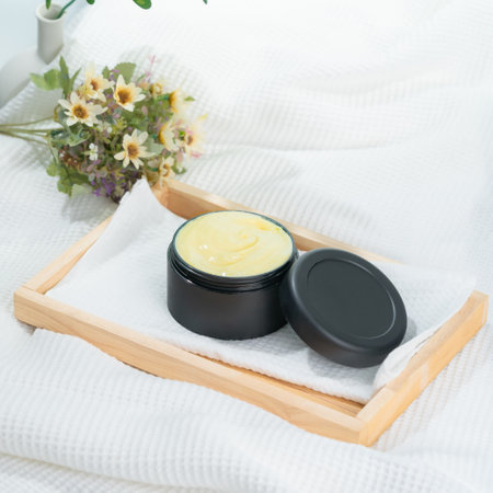 A black, cylindrical container opened lid sits on a white towel inside a wooden tray with white flowers in backgroundの写真素材