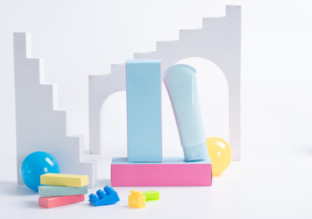 A blue tube of lotion with blue boxes and a composition of colorful geometric shapes and objects arranged in a minimalistic settingの写真素材