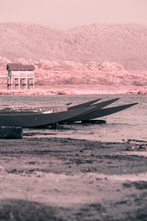 Infrared photography, A serene landscape unfolds, bathed in a soft, pink hue. A sandy beach, gently sloping towards a tranquil lakeの写真素材