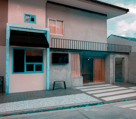 A two-story building with a modern designの写真素材