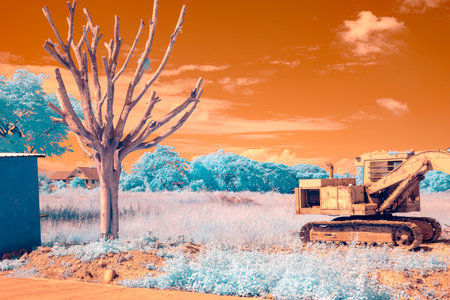 Infrared photography, an excavator, set against a landscape featuring a stark, leafless treeの写真素材