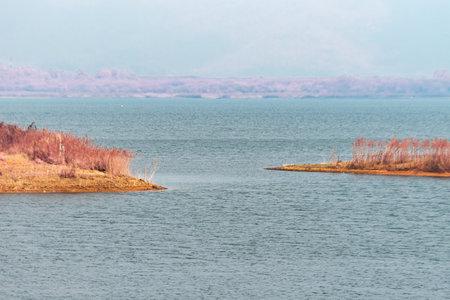 An infrared style, a body of water with two small land formations or banks that jut into the water