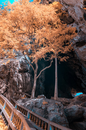 Infrared effect, a pathway leading upward, made of concrete steps surrounded by rocksの写真素材