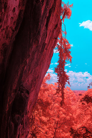 Infrared techniques, a rugged rock face on the left, with trees nearby that have bright red foliageの写真素材