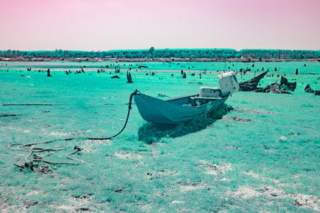 Infrared photography, a small boat, equipped with an outboard motor, anchored in a dry, grassy area