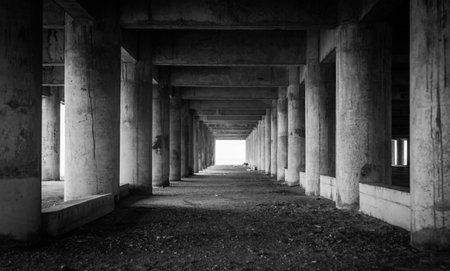 A series of large arches creating a corridor or passageway. The structure is made of concrete and...