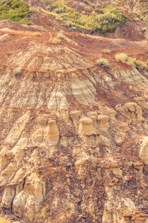Landscape of rock formations in the Badlands of Drumheller, Alberta, Canadaの写真素材