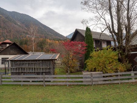 Obertraun, Austria - November 2nd, 2018: Wooden house in Obertraun, Austriaのeditorial素材