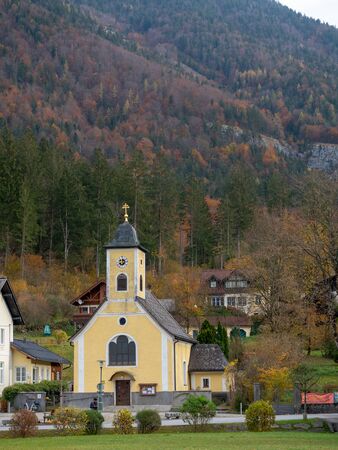 Obertraun, Austria - November 2nd, 2018: Pfarramt Catholic church in Obertraunのeditorial素材