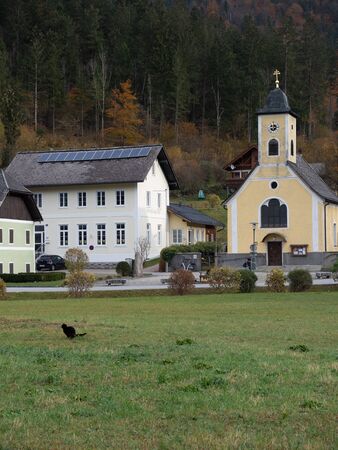 Obertraun, Austria - November 2nd, 2018: Pfarramt Catholic church in Obertraunのeditorial素材