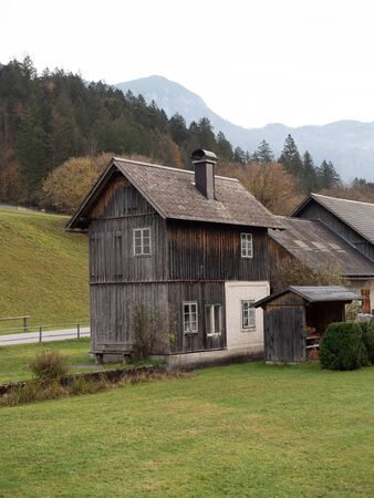 Obertraun, Austria - November 2nd, 2018: Wooden house in Obertraun, Austriaのeditorial素材