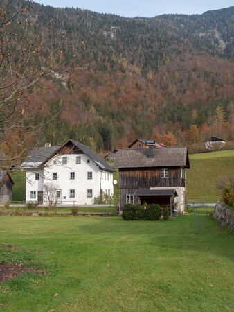Obertraun, Austria - November 2nd, 2018: Wooden house in Obertraun, Austriaのeditorial素材