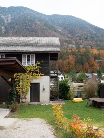 Obertraun, Austria - November 2nd, 2018: Wooden house in Obertraun, Austriaのeditorial素材