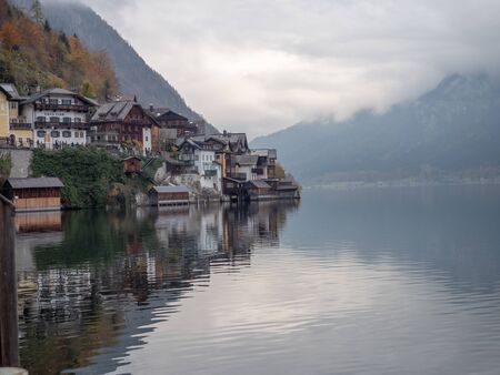 Hallstatt, Austria - November 3rd, 2018 :  Hallstatt and lake in misty morningのeditorial素材