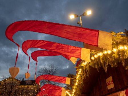 Esslingen, Germany - Dec 1st, 2108: Christmas decoration in Christmas market at Esslingen Old Town city, Germanyのeditorial素材