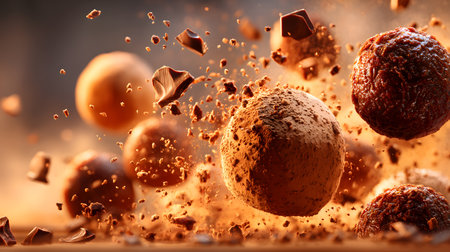 Chocolate truffles explosion with pieces of chocolate on a dark backgroundの素材