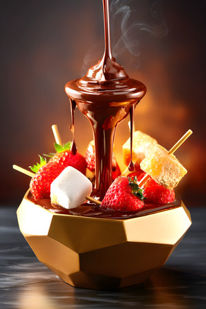 Chocolate fondue with fruits and marshmallows on dark backgroundの素材