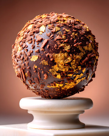 Chocolate ball on a white pedestal against a brown background.の素材