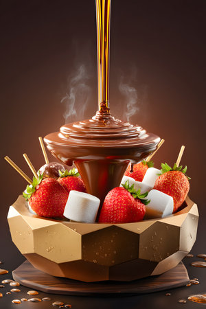 Chocolate fondue with strawberries and marshmallows on brown backgroundの素材