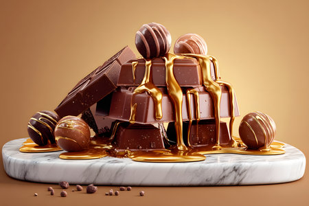 Chocolate candies with caramel on a marble board. 3d renderingの素材