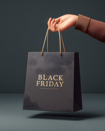 A hand holds a black shopping bag with BLACK FRIDAY embossed in gold lettering against a dark minimalist backgroundの素材