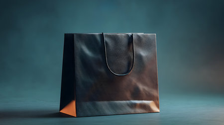 A close up view of a textured dark shopping bag with rope handles set against a dark teal background with a subtle orange glow at the baseの素材