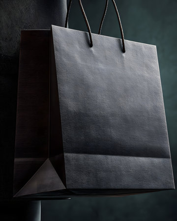 A close up shot of a textured black paper shopping bag with braided rope handles showcasing its simple and elegant designの素材