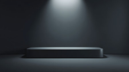 A dark minimalist studio features a sleek rectangular podium illuminated by two dramatic spotlights from aboveの素材
