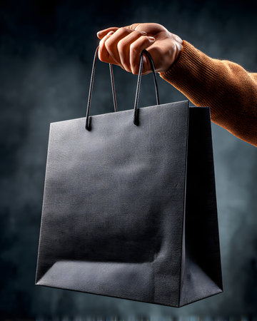 A textured black paper shopping bag held by a hand The image has a dark moody background perfect for showcasing retail or gift related conceptsの素材