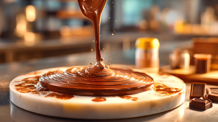 Chocolate pouring into bowl on table in cafe, closeup viewの素材