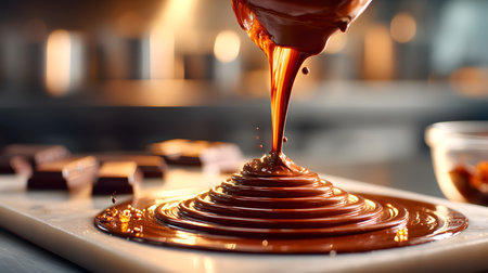 Pouring melted chocolate on plate in kitchen, closeup. Delicious dessertの素材