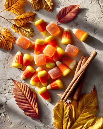 Beautiful overhead flat lay photography of candy corn arranged with metallic autumn leaves on rustic wooden serving tray. Ideal for National Candy Corn Day content, fall lifestyle marketing, Halloween social media posts, and seasonal editorial photography.の素材