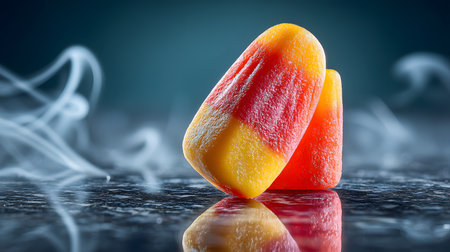 Dramatic artistic photography of lone candy corn on wet reflective dark surface with moody blue atmospheric lighting and mist effects.の素材