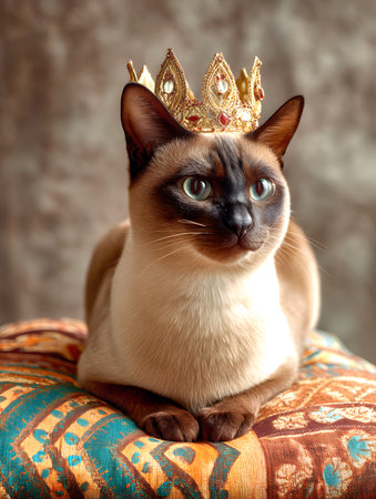 Siamese cat in a golden crown on a colorful pillow.の素材