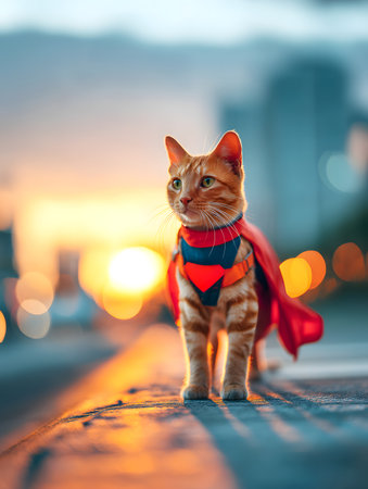 Cute red cat dressed as superhero walking in the city at sunsetの素材