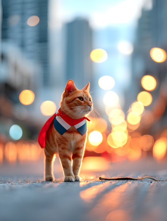Red cat wearing a red bow tie on the background of the cityの素材