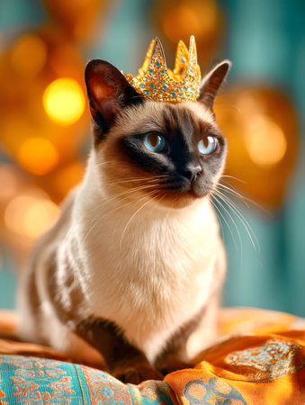 Siamese cat with golden crown on bokeh background.の素材
