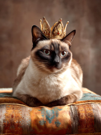 Siamese cat in a golden crown with blue eyes on a brown backgroundの素材