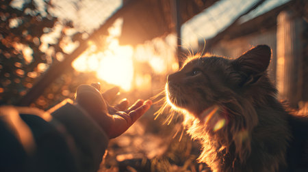 Cute little girl playing with her cat at sunset in the yardの素材