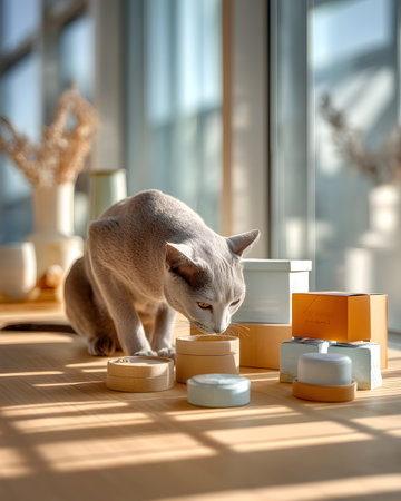 Beautiful cat on the windowsill with a box of cosmetics.の素材