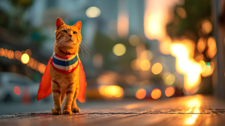 Cute cat wearing a red and blue scarf standing on the street at nightの素材