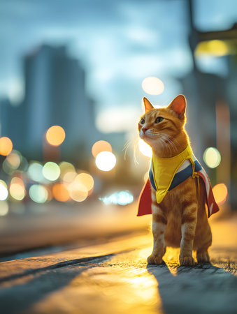 Cute cat in superhero costume standing on the road at night.の素材