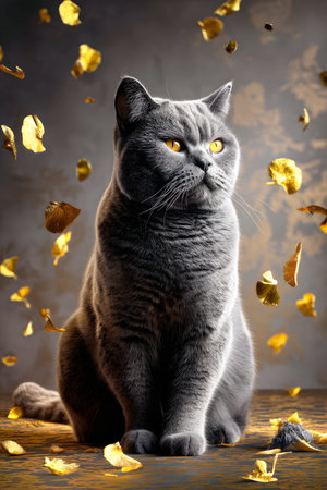 Portrait of a british shorthair cat sitting on a brown background with golden confettiの素材