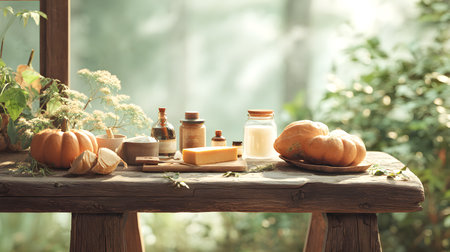 Beautiful composition with different spa products on wooden table outdoors. Space for textの素材